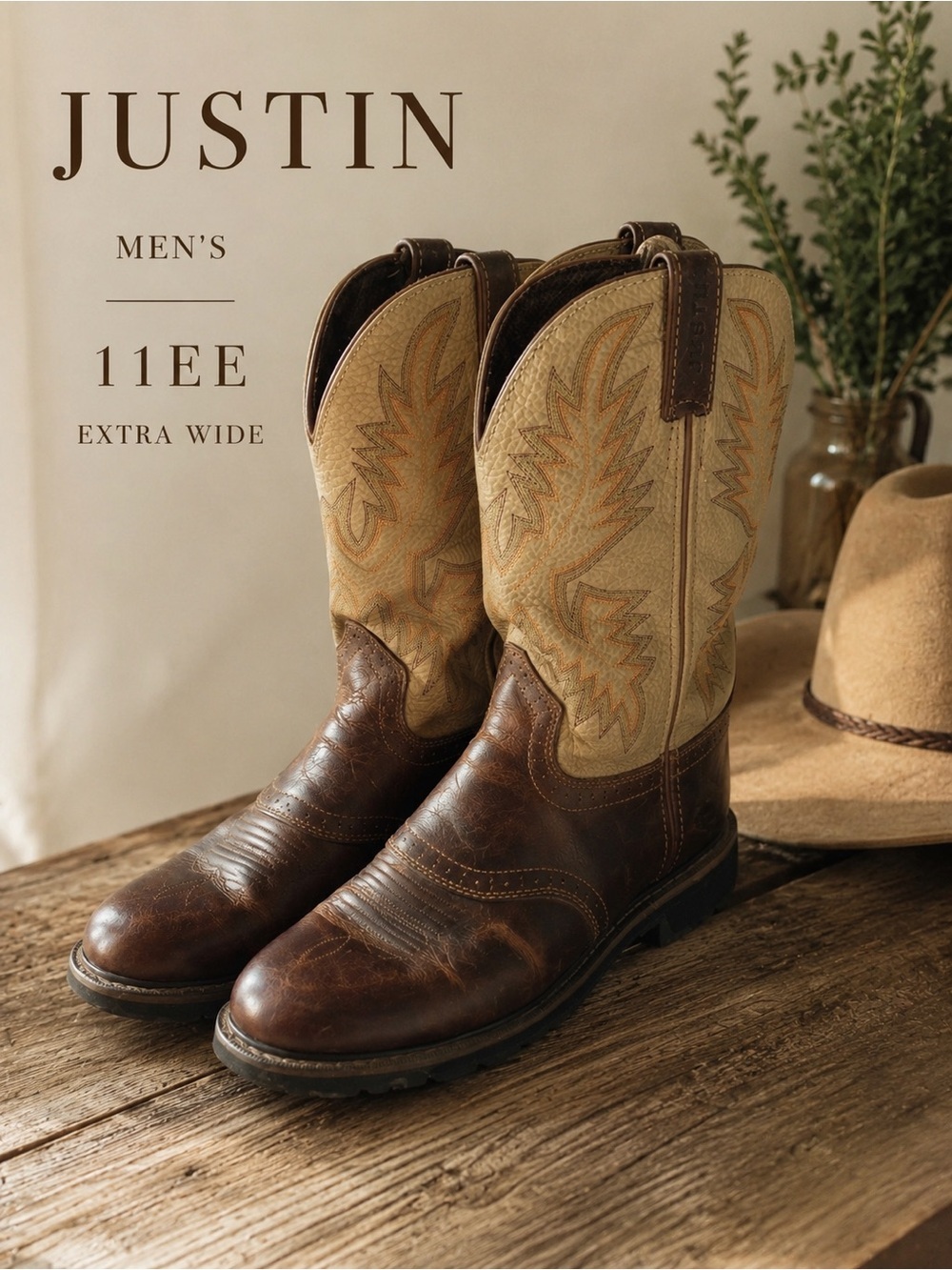 Justin Men’s 11EE Brown Leather Western Work Boots Wide Cowboy WK4660